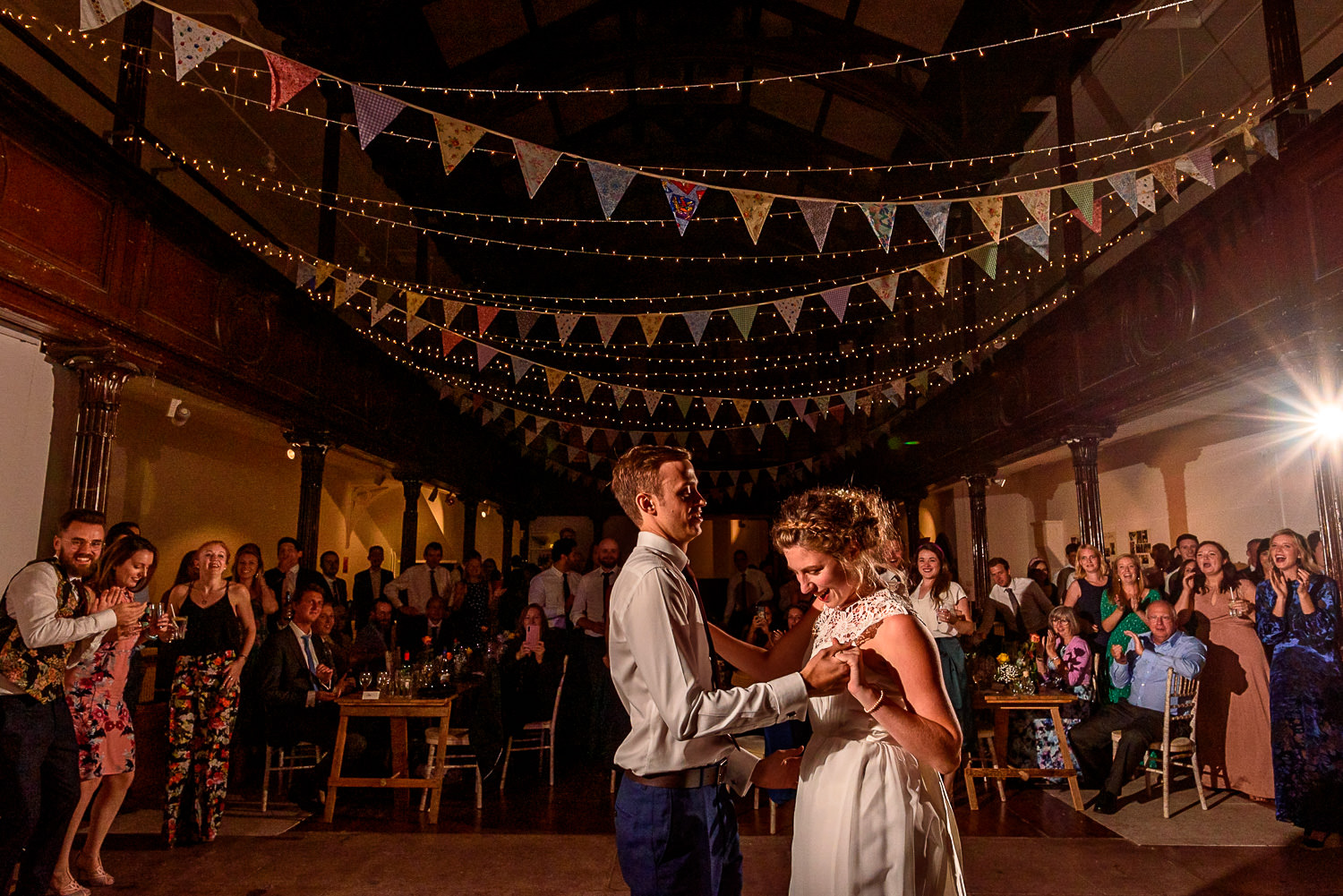 bride and groom enjoying first wedding dance at Fabrica wedding venue in Brighton