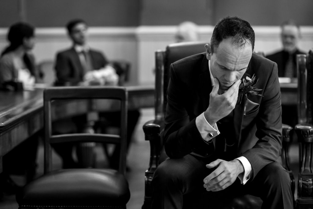 Groom waiting for bride at Brighton Town Hall wedding